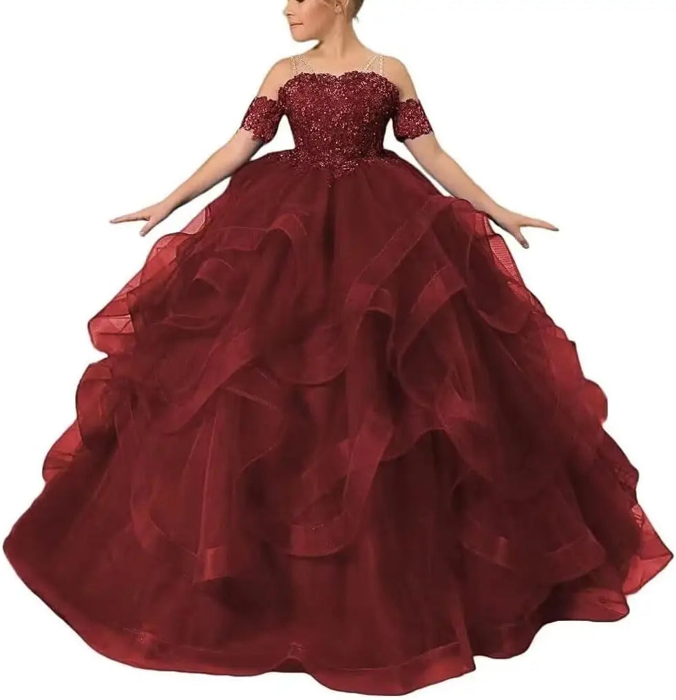 Vestidos de desfile de princesas para niñas de flores 2026 con encaje bordado, tallas grandes, tul en capas, vestidos de primera comunión para niñas. 