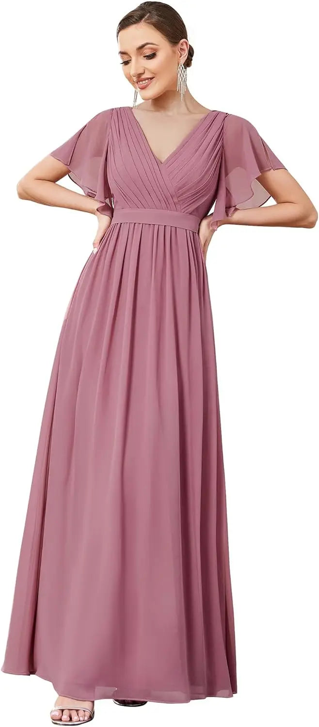 Vestido de dama de honor para mujer, escote en V, mangas con volantes, busto fruncido, largo hasta el suelo, de gasa, vestido formal para invitada de boda. 