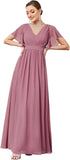Vestido de dama de honor para mujer, escote en V, mangas con volantes, busto fruncido, largo hasta el suelo, de gasa, vestido formal para invitada de boda. 