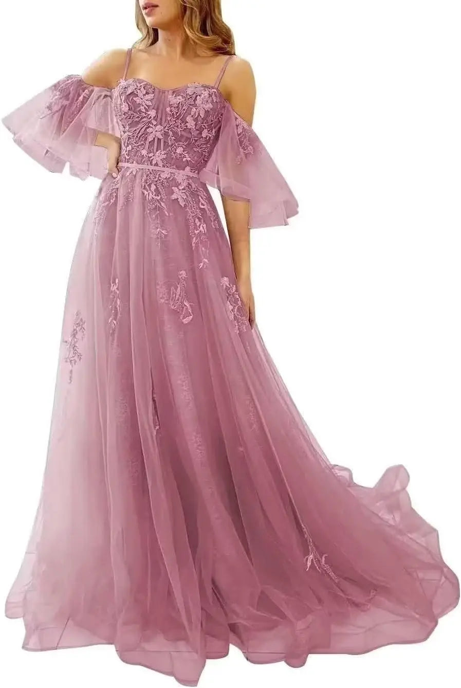 Lace Applique Tulle Prom Dresses Off Shoulder Puffy Sleeves Wedding Dress Long Women Sweetheart A Line Evening Gowns