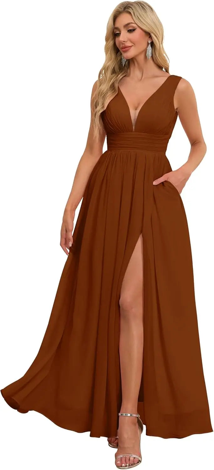 Vestidos de dama de honor con abertura y escote en V, vestidos de fiesta, línea A, plisados, para invitada de boda con bolsillos 