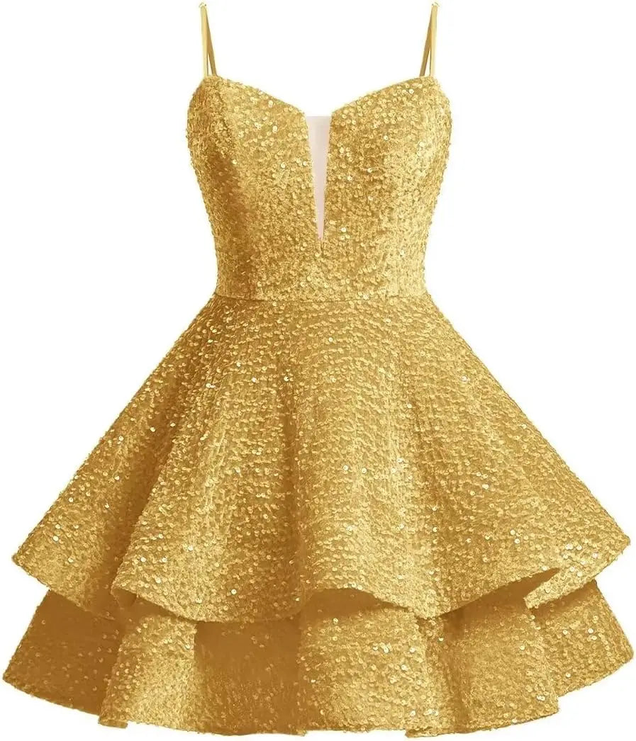 Vestidos de fiesta cortos con lentejuelas brillantes para adolescentes, de Pretty Girls Club, 2025, con tirantes finos, minivestido de cóctel formal con capas 