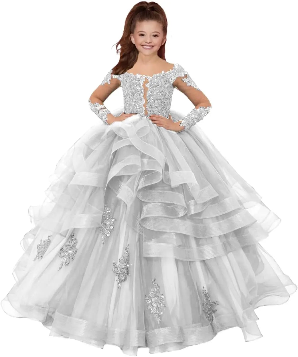 Custom made Princess Long Sleeve Flower Girl Dresses Appliques Ruffles Tulle Pageant Dresses for Girls Kids Party Ball Gowns