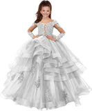 Custom made Princess Long Sleeve Flower Girl Dresses Appliques Ruffles Tulle Pageant Dresses for Girls Kids Party Ball Gowns