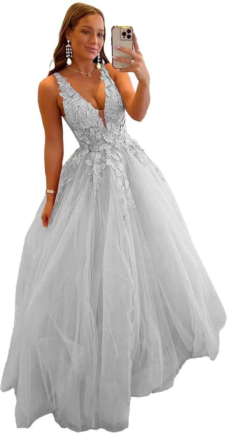 Tulle Prom Dresses for Women V Neck Applique Ball Gowns for Teens Women's Long Formal Evening Gowns with 3D Flower