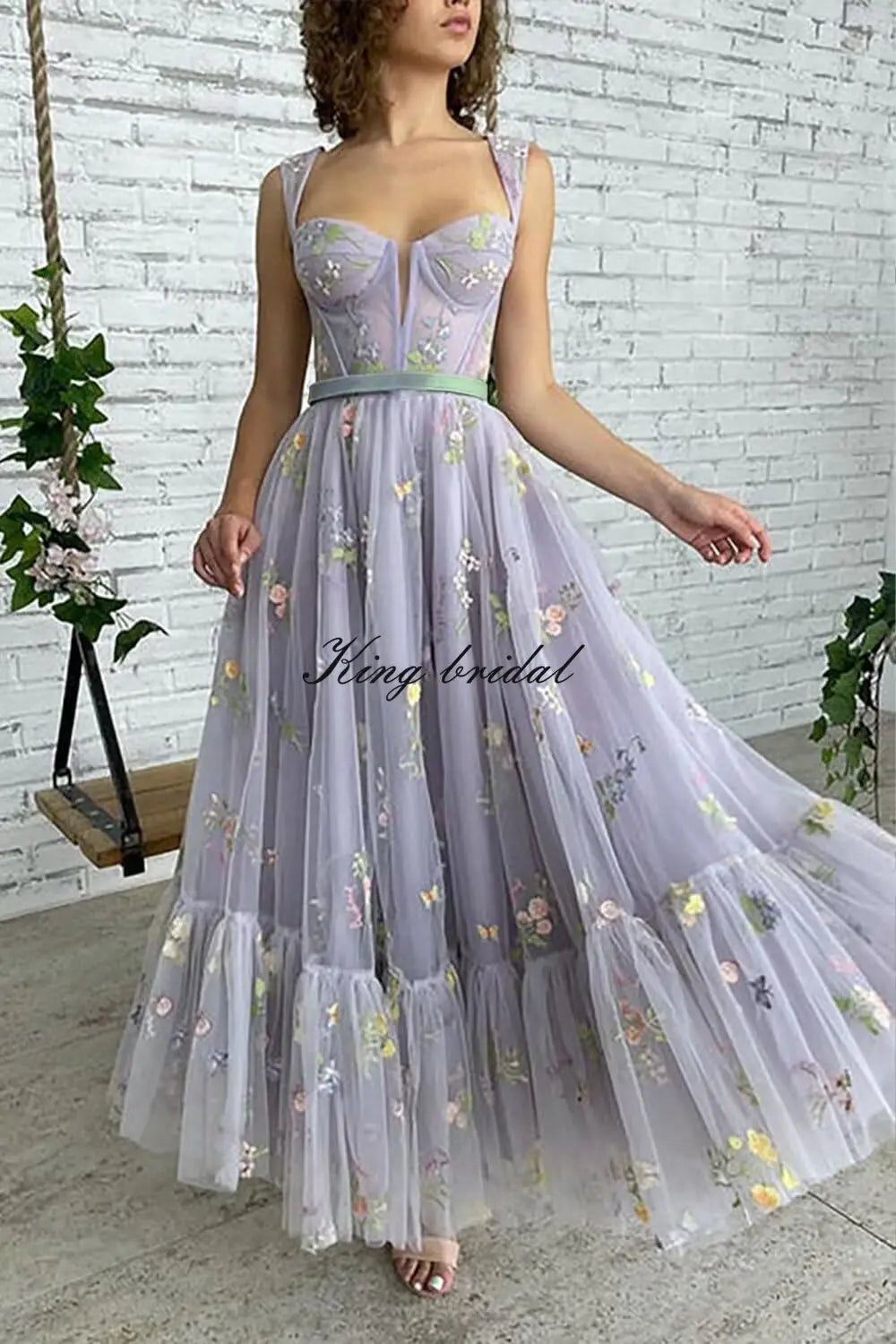 Custom Made Women's Flower Embroidery Tulle Prom Dresses Tea Length Corset A Line Fairy Formal Evening Party Gown Bridesmaid