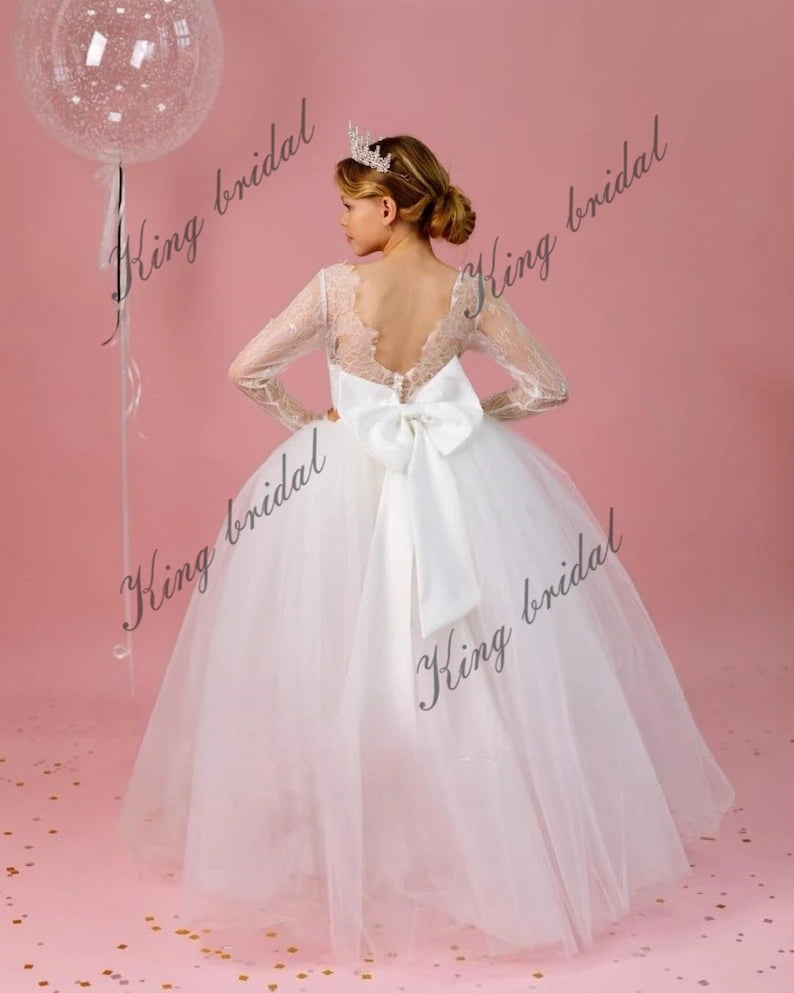 Vestido de tul con encaje y manga larga para niña de las flores, minivestido de novia para niña, vestido de novia hecho a mano, vestidos de desfile para niña 