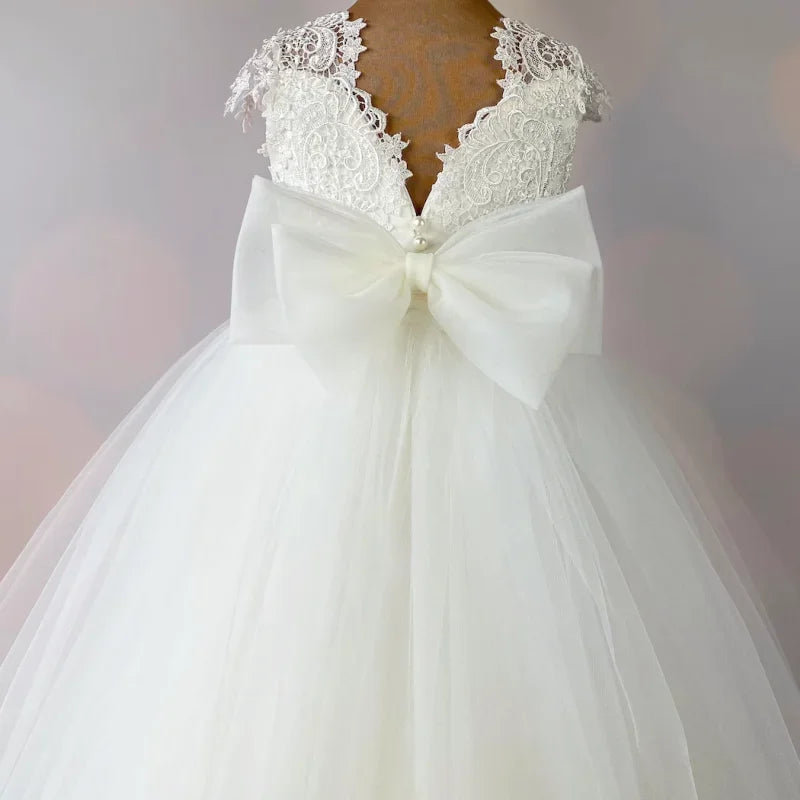 Vestidos de niña de las flores con apliques de tul blanco y lazo, sin mangas, para bodas, cumpleaños, fiestas, primera comunión. 
