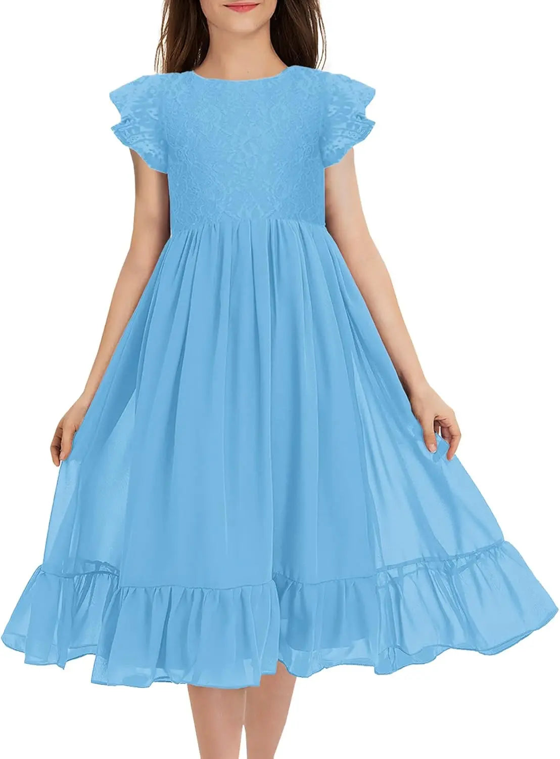 Girls Elegant Lace Flower Crew Neck Ruffle Chiffon A-Line Flowy Birthday Party Midi Dress ball gown  princess dress
