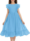Girls Elegant Lace Flower Crew Neck Ruffle Chiffon A-Line Flowy Birthday Party Midi Dress ball gown  princess dress