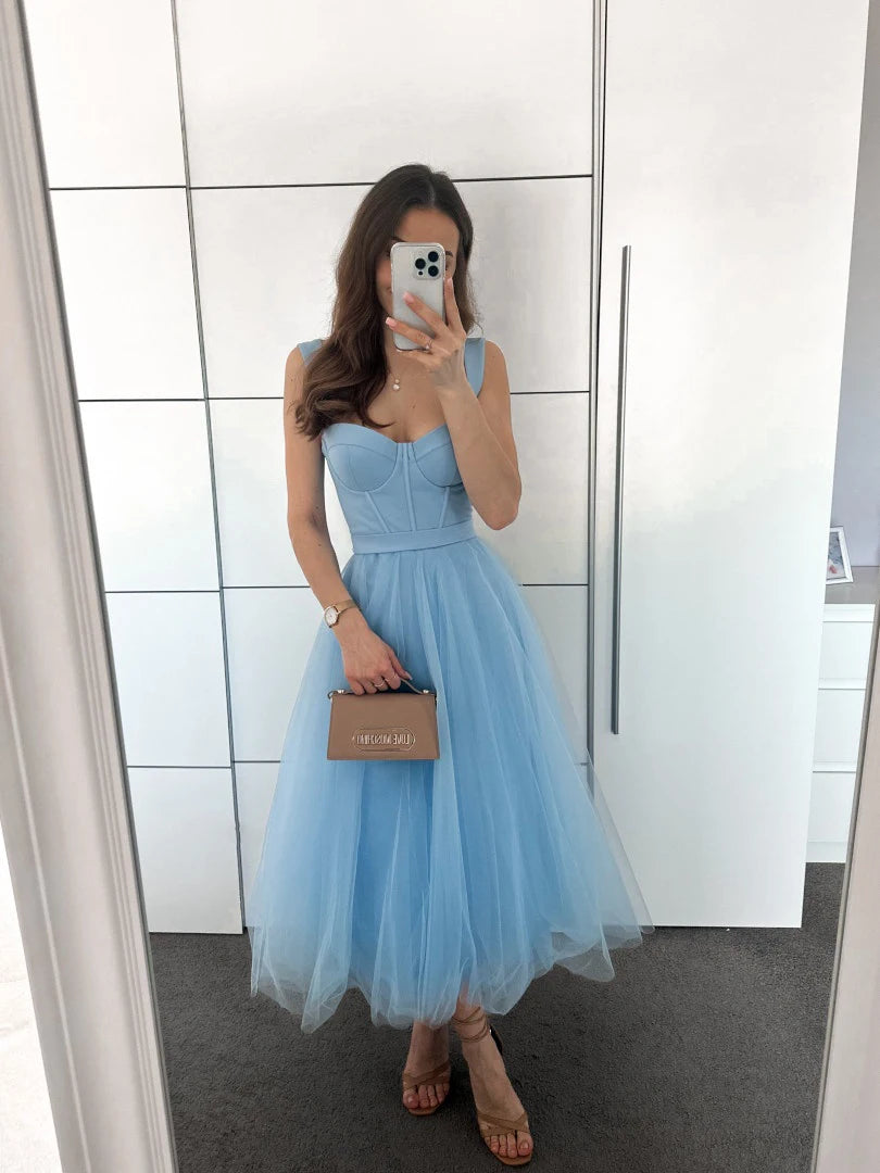 Tulle Tea-Length Prom Dresses High Quality Sweetheart Spaghetti Straps Party & Vacation Wear Elegant Plain A-line Evening Gowns