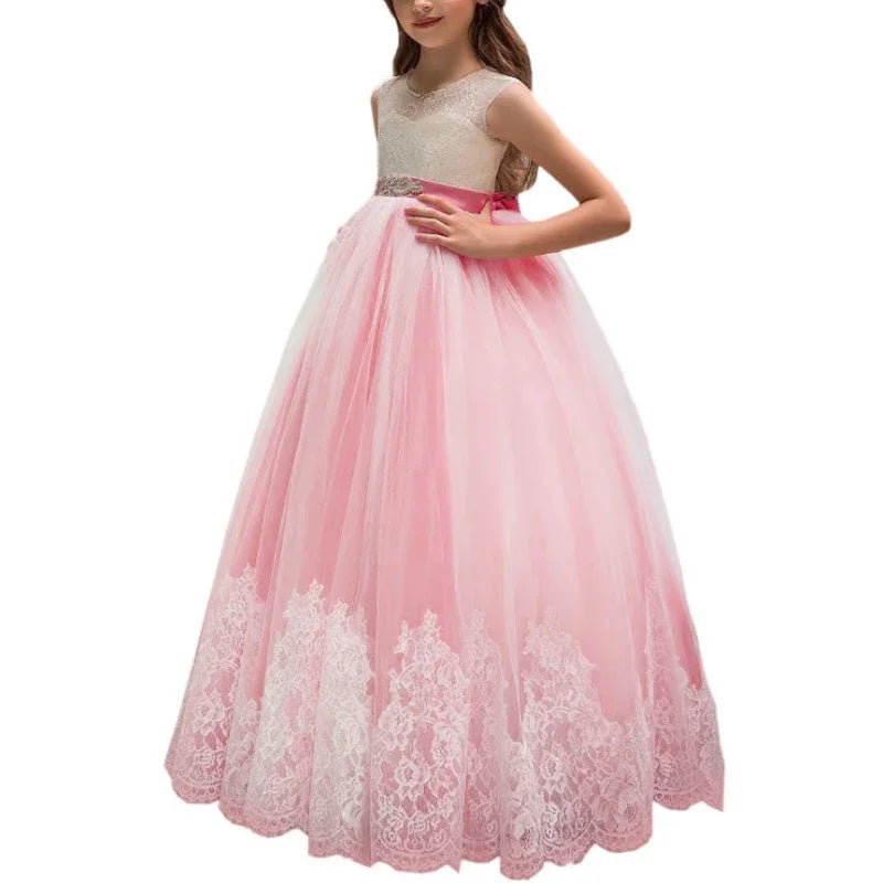 Champagne Appliques Lace Hem With Belt Sleeveless For Wedding Birthday Party Banquet First Communion Gowns Flower Girl Dresses