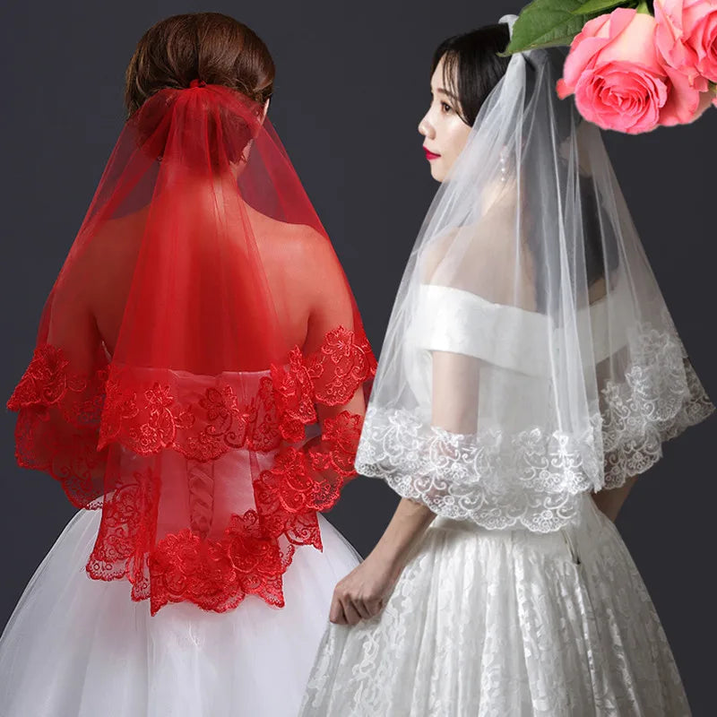 White Ivory Red Black Bridal Veil Lace Short Elbow Wedding Tulle Appliques Embroidery Edge Long Cathedral Bride Veils 1.4M 265cm
