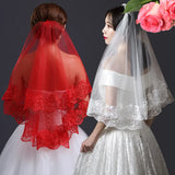 White Ivory Red Black Bridal Veil Lace Short Elbow Wedding Tulle Appliques Embroidery Edge Long Cathedral Bride Veils 1.4M 265cm