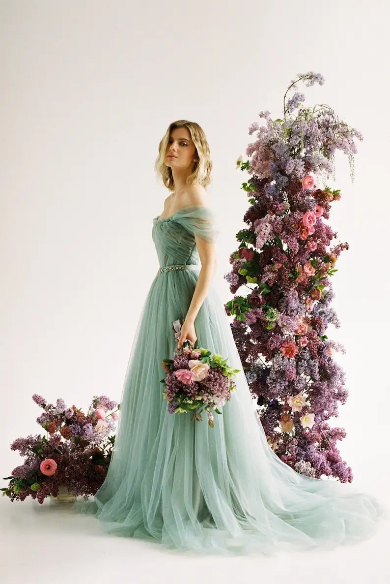 Sage green tulle wedding gown with detachable long puff sleeves Alternative full bridal dress party formal dress women evening