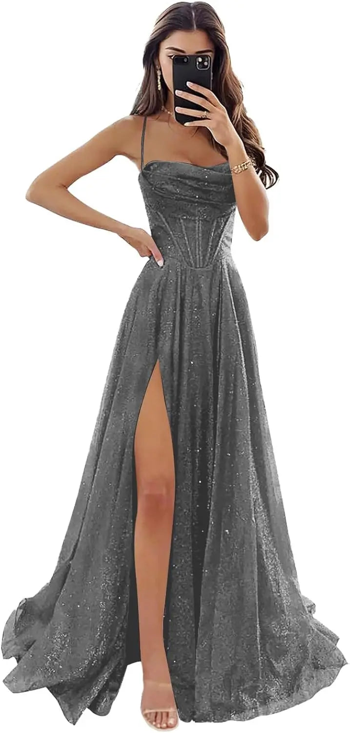 Damen Spaghettiträger Glitzer Tüll Ballkleider mit Schlitz Wasserfallausschnitt Langes formelles Abendkleid Partykleid 