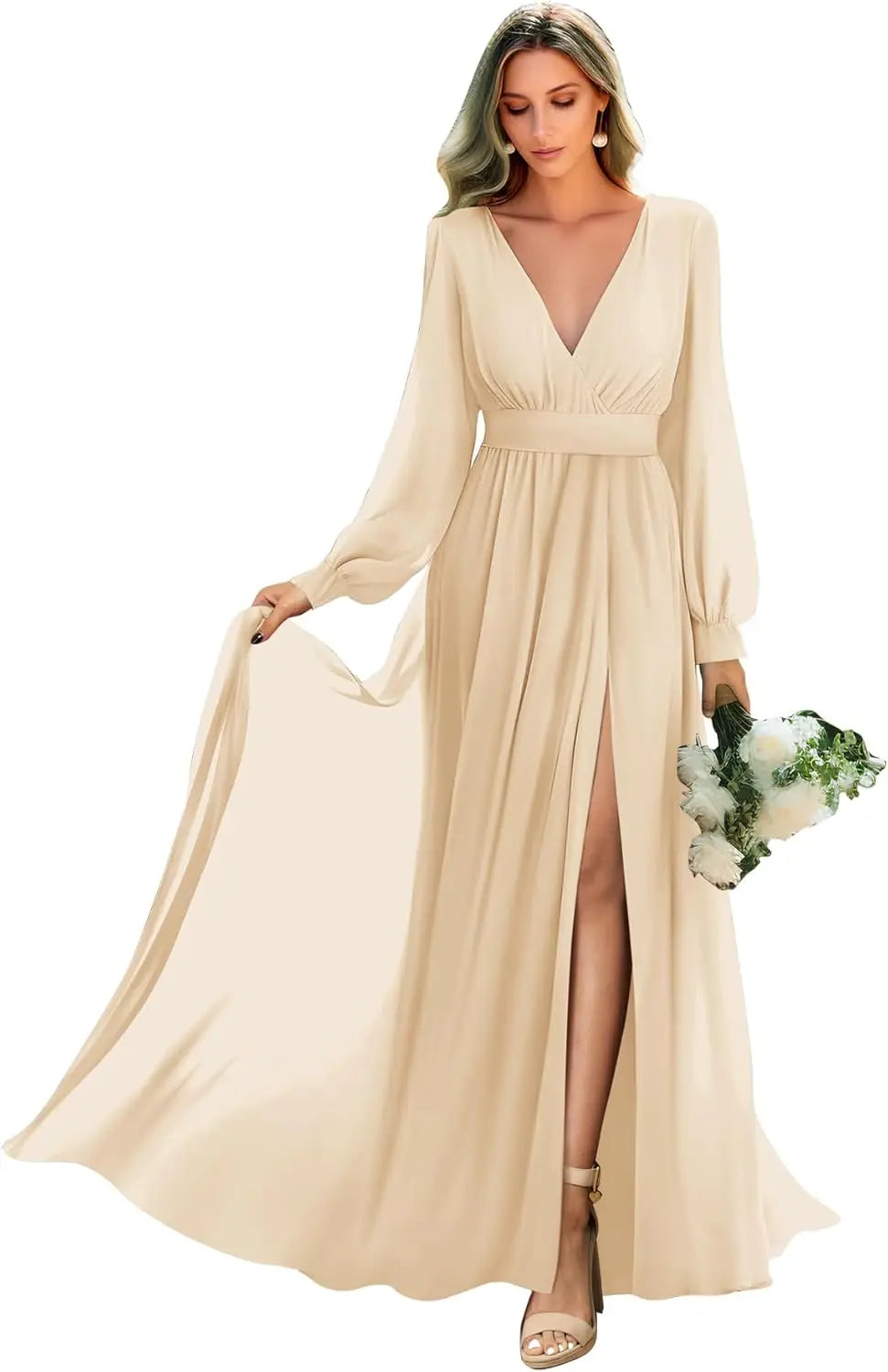 Long Sleeve Bridesmaid Dresses with Slit Pleated Wedding Party Gowns V Neck Chiffon Long Formal Dress evening dress