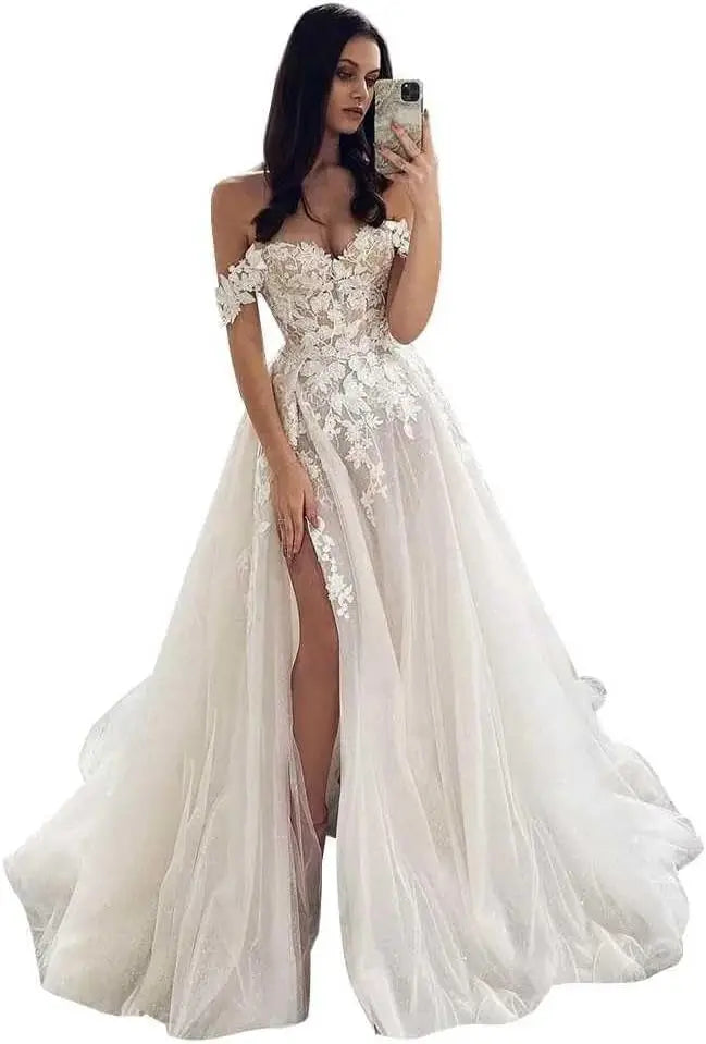 Brautkleider für die Braut Langes Spitzenapplikations-Tüll-Brautkleid Boho-Strandhochzeitskleid weißes Kleid Maßgeschneiderte Brautkleider 