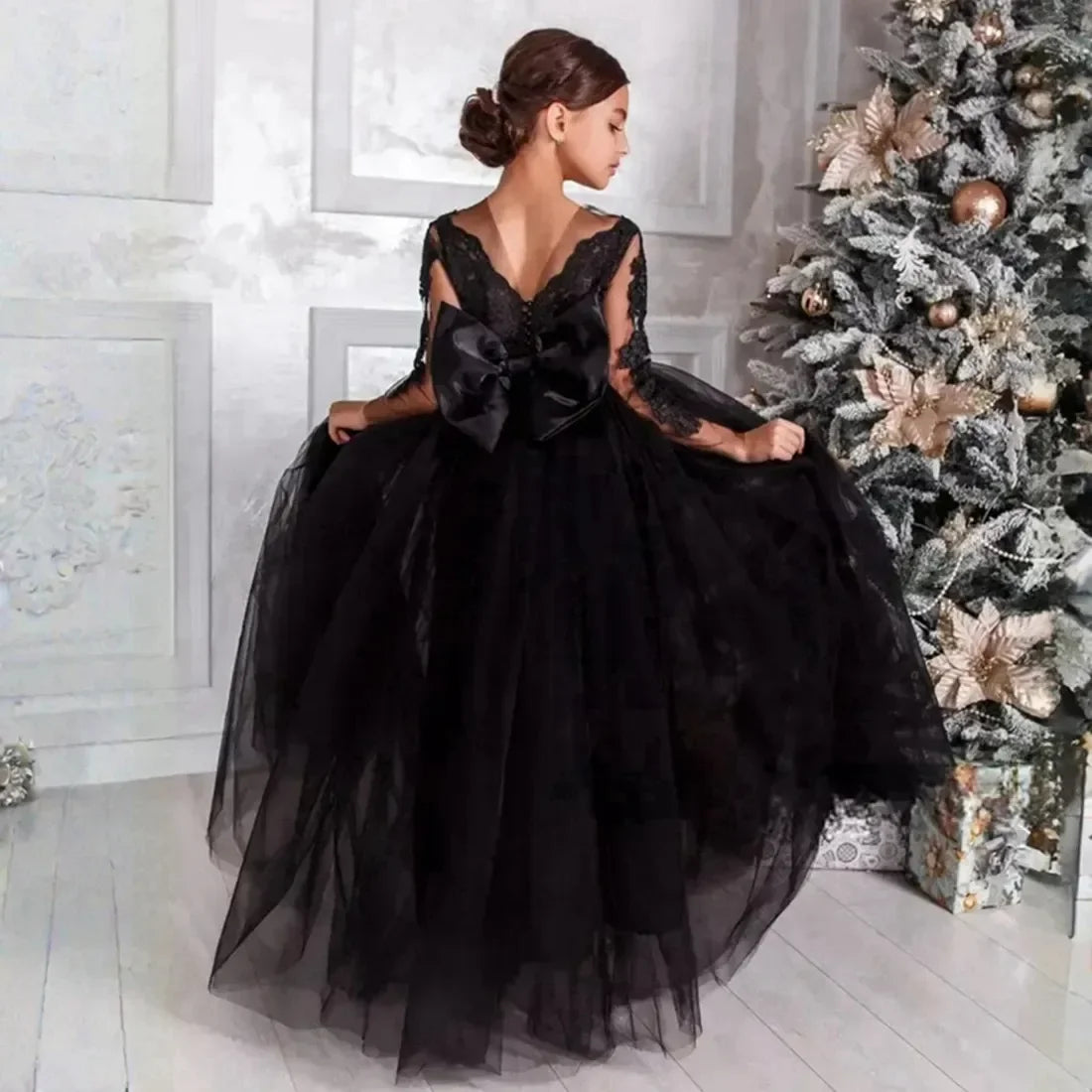 Apliques de encaje de tul de longitud completa para niña, vestido de fiesta de cumpleaños para niña, vestidos de primera comunión, vestidos negros para niña de las flores para boda 