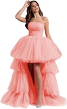 High Low Tüll Ballkleider Lange trägerlose gestufte Abendkleider A-Linie Abendkleid mit Schleppe Partykleider Damen Abend 