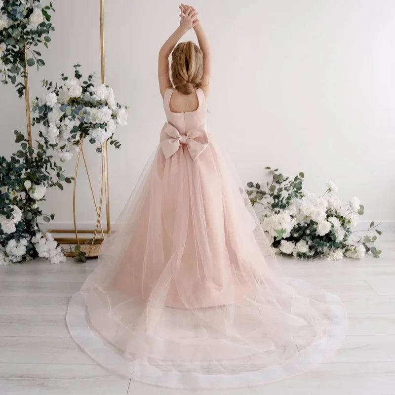 Geburtstagsfeier Bankett Prinzessin Kleider Blumenmädchenkleider Rosa Satin Solide Mit Tailing Und Bogen Ärmellos Für Hochzeit 