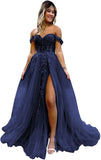 Vestido de fiesta de tul con hombros descubiertos, abertura, apliques de encaje brillante, corsé, vestido formal de fiesta de noche, vestidos de fiesta para mujer, noche 