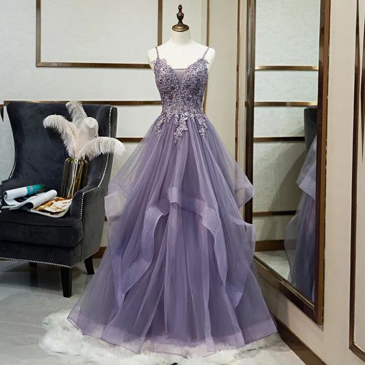 2027 Elegant Club Banquet Purple Strap Prom Dress Vocal Art Exam Senxi Colorful Silk Fairy Air Silk Dress Hosting Evening Dress