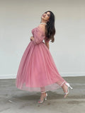 Tulle Sweetheart A-line Evening Dresses Off the Shoulder Tea-Length Formal Dress With Pleats & Bow Elegant Lace Up Prom Gowns