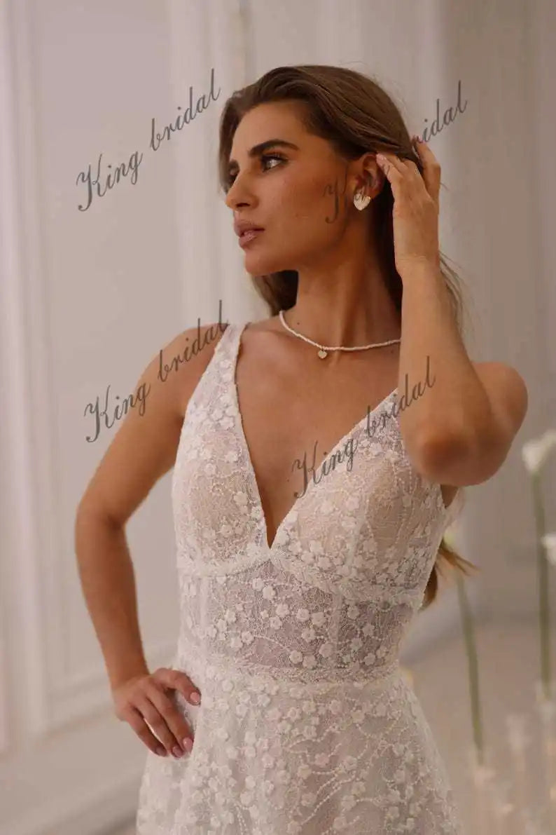 Vestido de novia de encaje floral con espalda abierta y corte A | Vestido de novia a medida, vestido de novia sencillo, vestido de novia blanco 