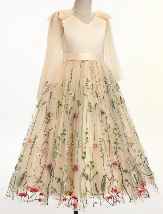 Flower Girl Maxi Dress Wedding Formal Bridesmaid Floral Embroidered Tulle Skirt Princess Pageant First Communion Gown