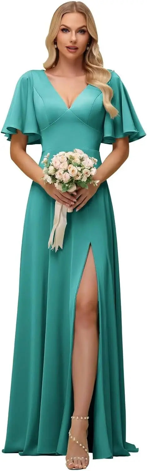 Wedding Party Chiffon Short Sleeves Bridesmaid Dresses for Women Slit Long Cut Out Elegant Maxi Formal Evening Cocktail Gown