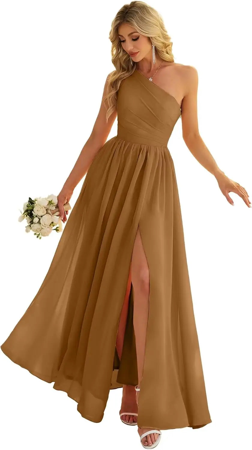 Women's One Shoulder Bridesmaid Dresses for Wedding Chiffon Side Split Reched Formal Evening Dress Sleeveless