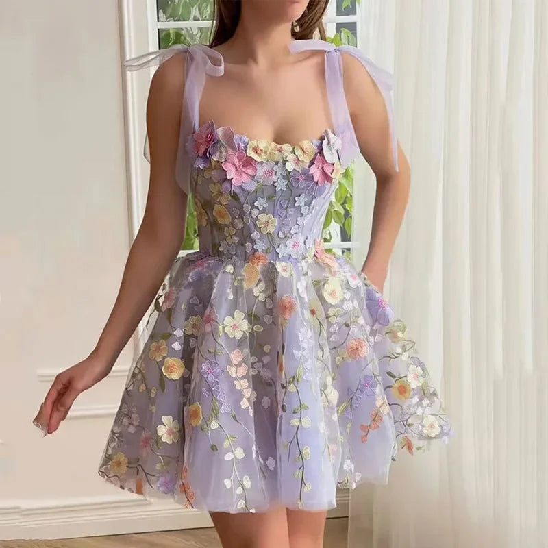 Brand Designers Evening Prom Holiday Dress For Women Formal Occasions 3D Flower Embroidery Straps Bow Sexy Tulle Sling Vestidos