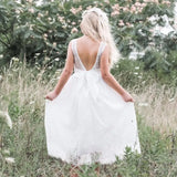 Blumenmädchenkleid Elfenbeinkleid Kleinkind Spitze mit Schleifen Kleider Weiße Tüllkleider Kinder Erstkommunionkleider Rückenfrei mit Schleifen 