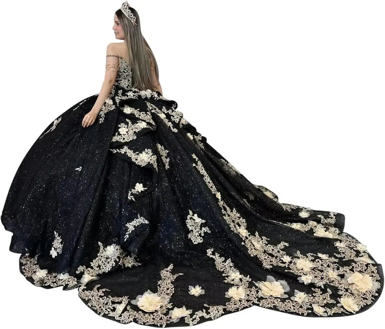 Gold Appliques Quinceanera Dresses with Train Spaghetti Strap Lace Sweet 16 Dresses Layered Ruffles Beaded Ball Gown