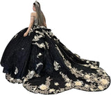 Gold Appliques Quinceanera Dresses with Train Spaghetti Strap Lace Sweet 16 Dresses Layered Ruffles Beaded Ball Gown