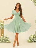 Women's Pleated Chiffon Flutter Sleeves Junior Bridesmaid Dresses with Pockets V Neck Short Formal Dress Wedding Party Gowns