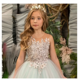 Mint Green Lace Beaded Pleated Wedding Elegant 3D Floral Child First Communion Party Dress Fluffy Tulle Flower Girl Dress