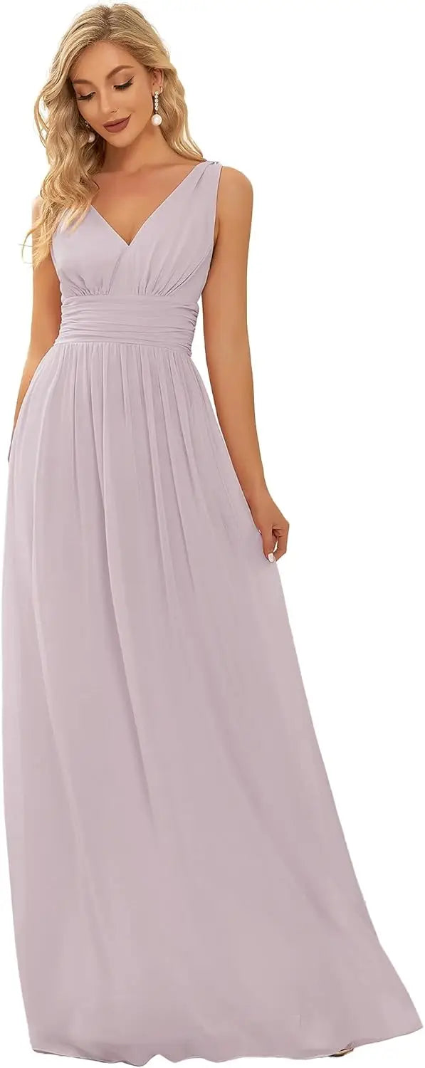 Womens Bridesmaid Dress V-Neck Sleeveless A Line Chiffon Floor Length Formal Dress wedding guest dress  ball gown