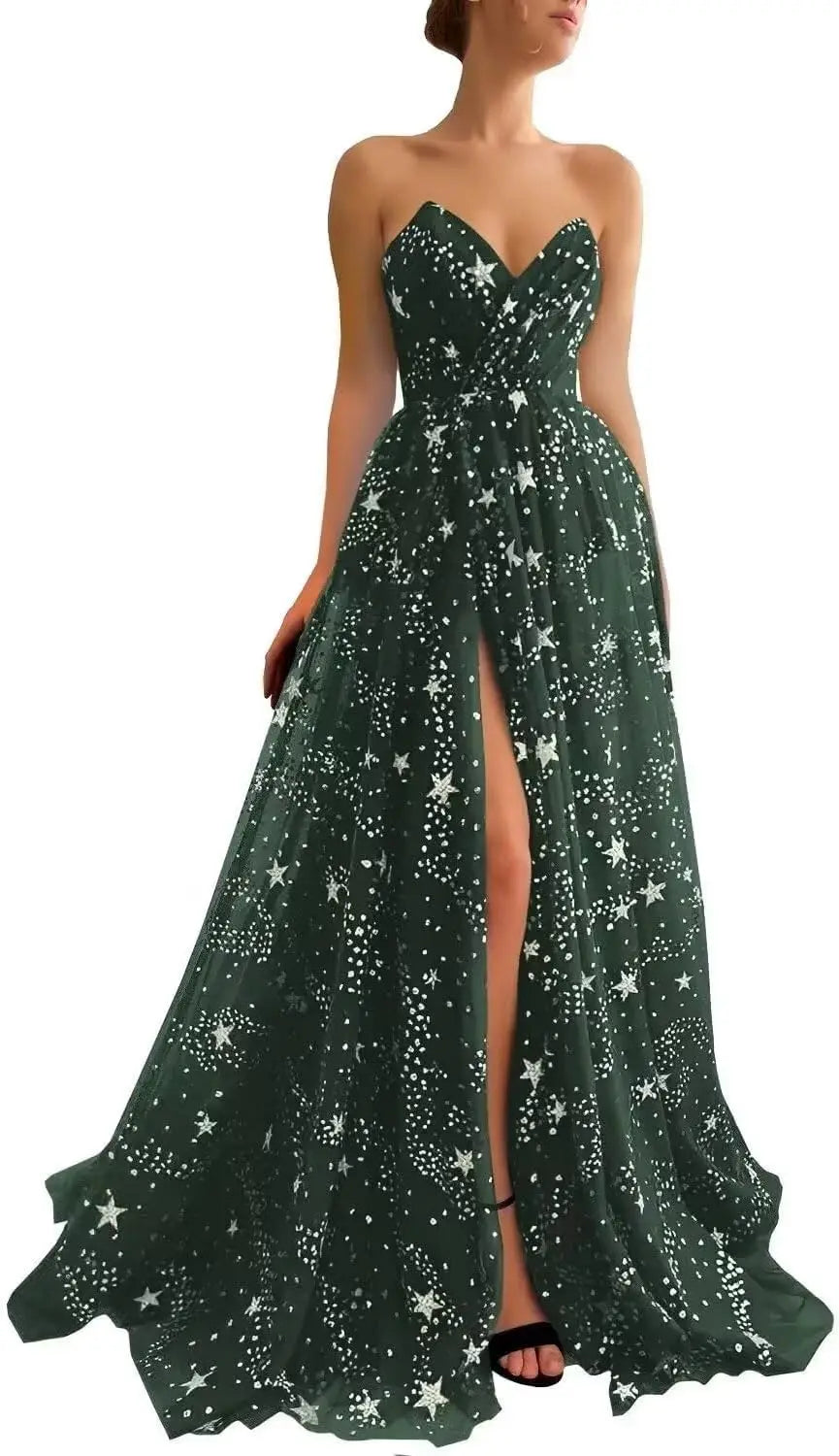 Vestidos de fiesta de tul con estrellas y brillo para mujer, sin tirantes, con abertura, formales, para noche y fiesta 