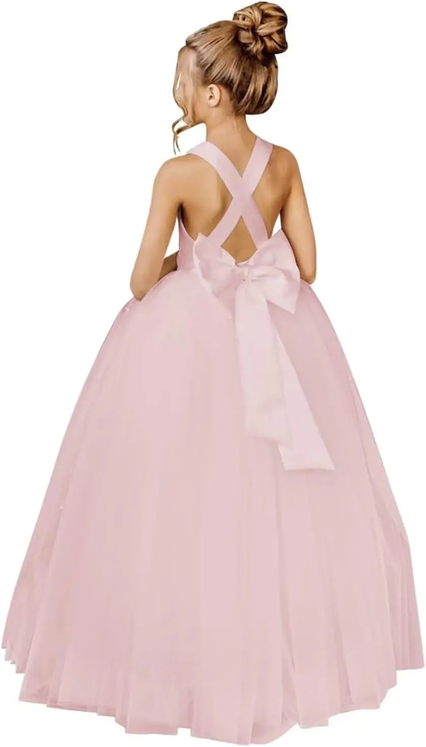Crossed Straps Flower Girl Dress Satin Long Prom Dress with Bow Puffy Tulle Pageant Dresses for Girls princess dress