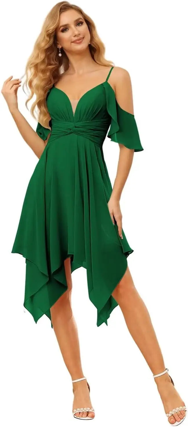 Women's Off Shoulder Chiffon Junior Bridesmaid Dresses Short Pockets Ruffle A Line Formal Dresses with Slit Wedding Party Gown