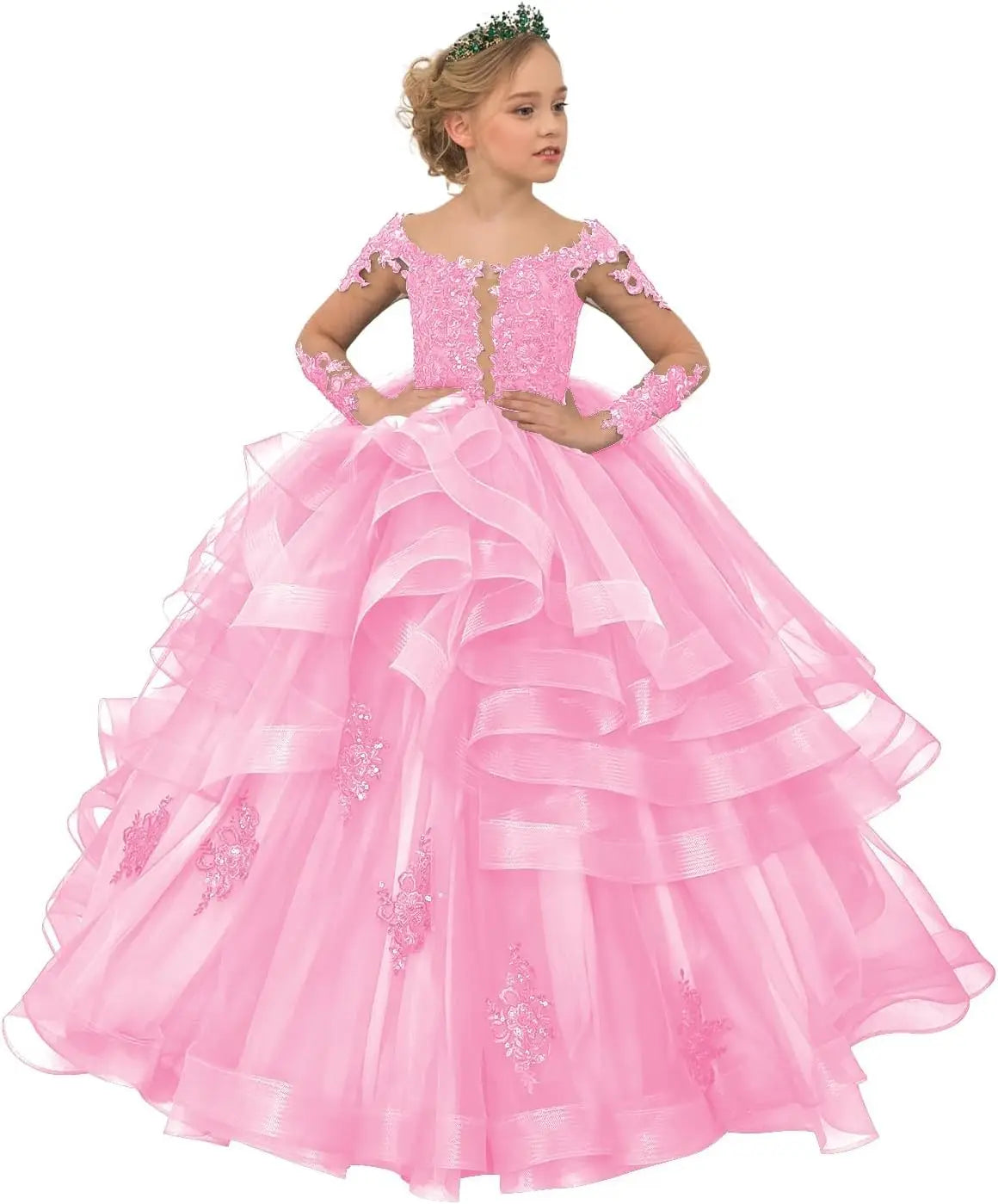 Long Sleeve Flower Girl Dresses Laces Applique Beaded Princess Pageant Dress Beaded Ruffle Tulle Kids Prom Party Gown