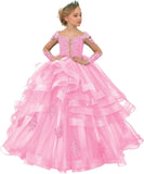 Long Sleeve Flower Girl Dresses Laces Applique Beaded Princess Pageant Dress Beaded Ruffle Tulle Kids Prom Party Gown