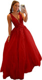 Tulle Prom Dresses for Women V Neck Applique Ball Gowns for Teens Women's Long Formal Evening Gowns with 3D Flower