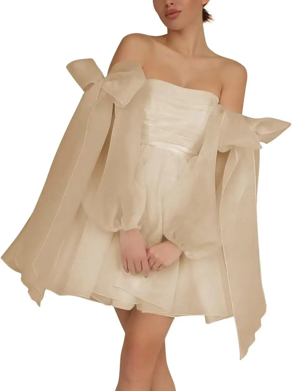 Vestidos de fiesta de organza con hombros descubiertos y lazo, de manga larga, para graduación, de corte A, formales, para cóctel o fiesta. 