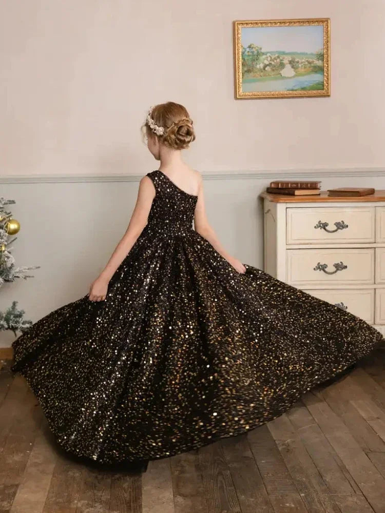Vestido de princesa con lentejuelas abullonadas color burdeos, de un solo hombro, para bodas, fiestas de cumpleaños, banquetes, vestidos de niña de las flores, vestido de princesa 