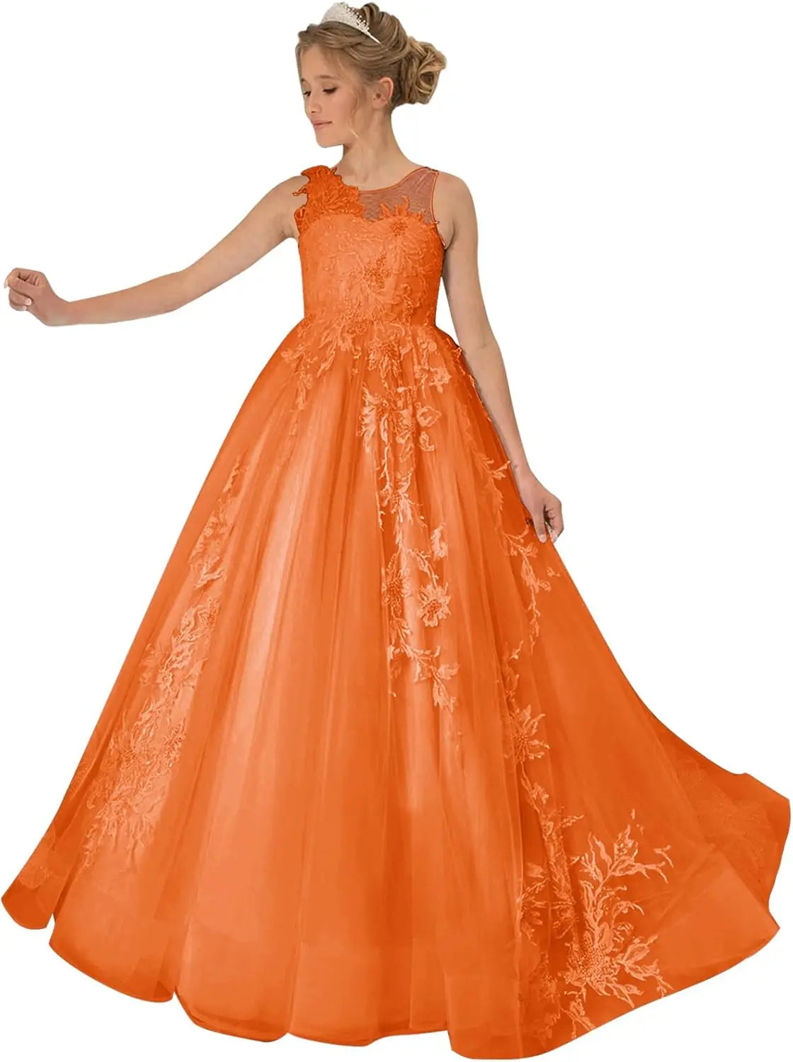 Princess Dress Tulle Lace Flower Girl Dress for Wedding Applique Princess Pageant Dress Long Party Ball Gown with Cape Sleeves