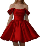 Vestidos de fiesta de satén con hombros descubiertos para mujer, corte A, cortos, plisados, sin tirantes, para boda y fiesta. 
