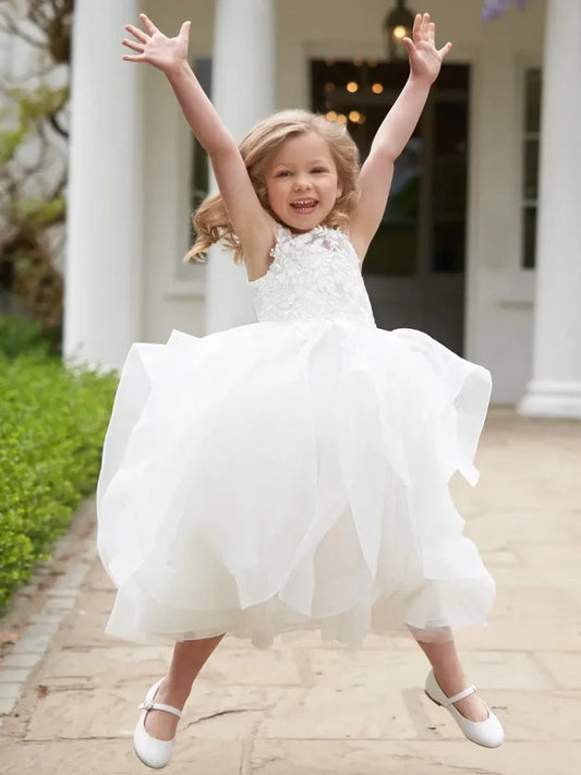 Vestido de princesa para niña de las flores, de tul blanco, con apliques escalonados, sin mangas, para boda, fiesta de cumpleaños, primera comunión. 